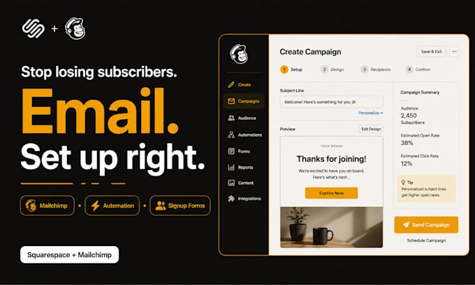 set up squarespace email campaigns, mailchimp integration and automation