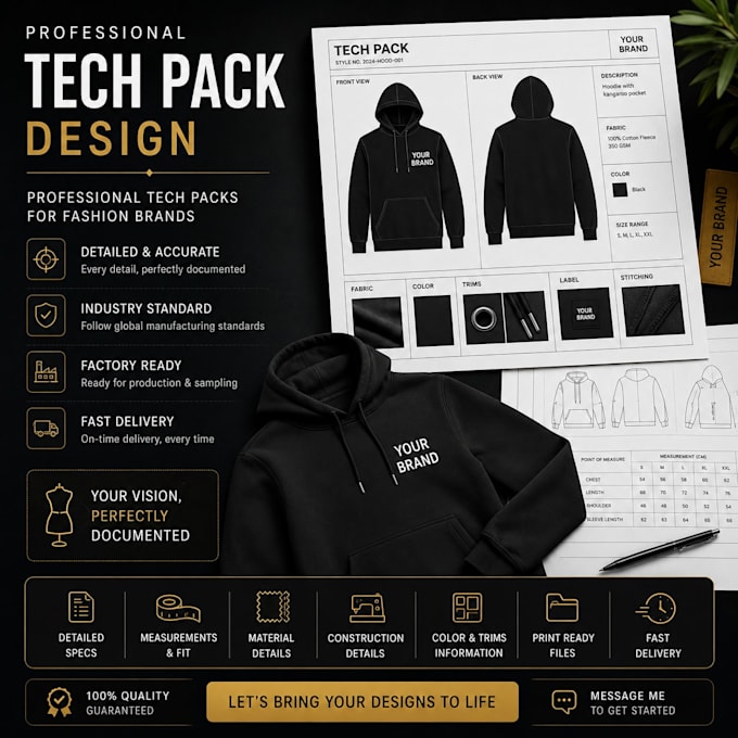 create professional fashion tech pack, clothing tech pack, and bag tech pack