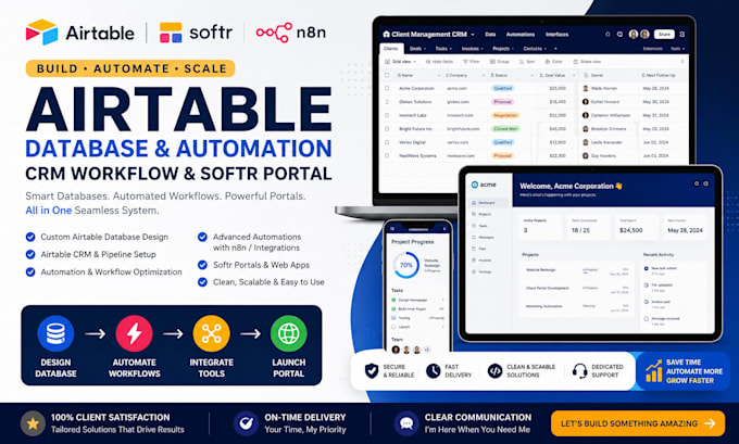setup airtable database, airtable automation crm, n8n ai, be softr webapp expert