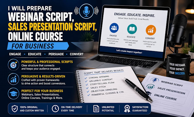 prepare webinar script, sales presentation script, online course for business