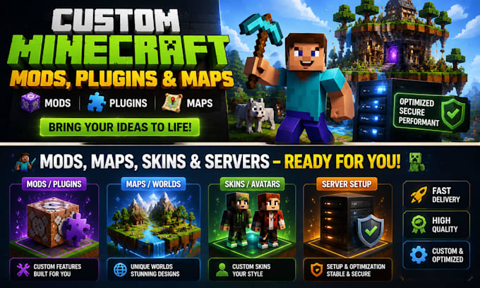 build minecraft mod, minecraft map plugin, minecraft skin, minecraft server