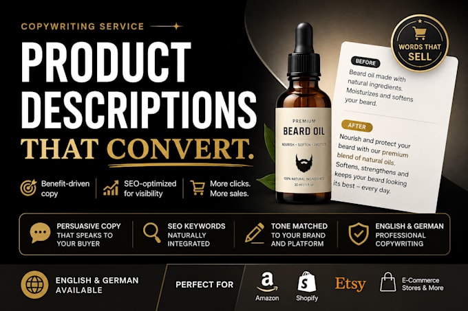 write product descriptions in english or german