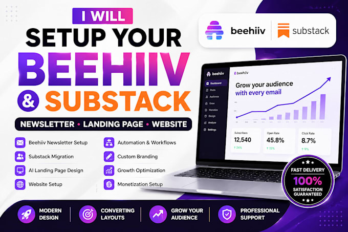 setup beehiiv or substack newsletter, beehiiv ai landing page and website