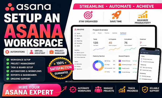 setup an asana workspace, automations, project manager asana, virtual assistant