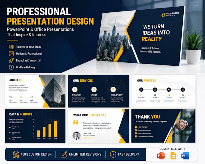 do presentation designs , flyer designs, professional reports, creative analysis