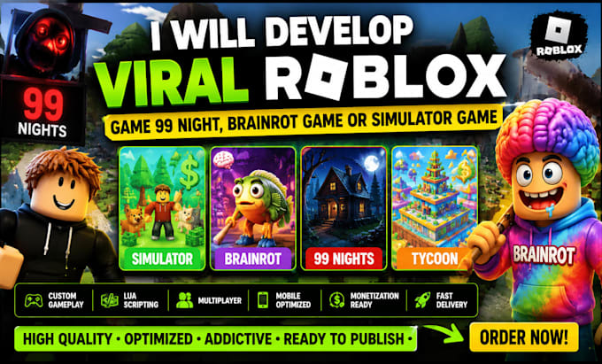 develop viral roblox game, 99 night roblox, brainrot game or simulator game