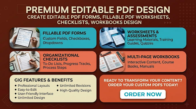 create editable PDF forms, fillable pdf worksheets, checklists, workbooks design