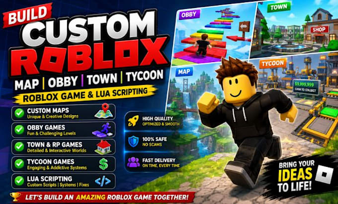 build custom roblox map, obby,town,roblox game lua scripting, roblox tycoon game