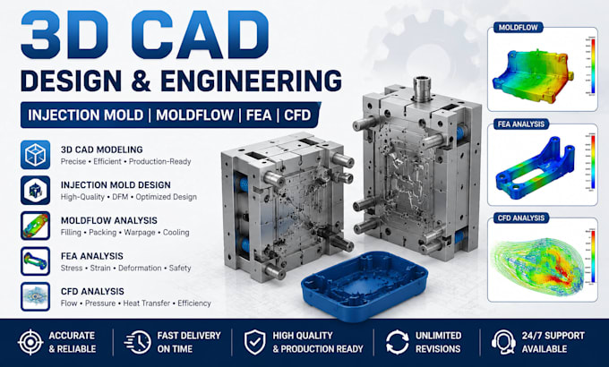 do mechanical 3d cad engineering for injection mold, moldflow, fea, cfd analysis
