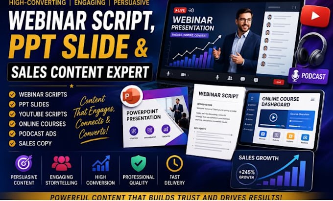 write webinar scripts, ppt slides, youtube scripts, course and sales copy