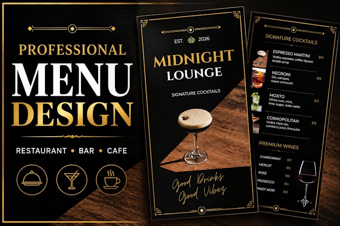 design elegant restaurant, cocktail and cafe menus