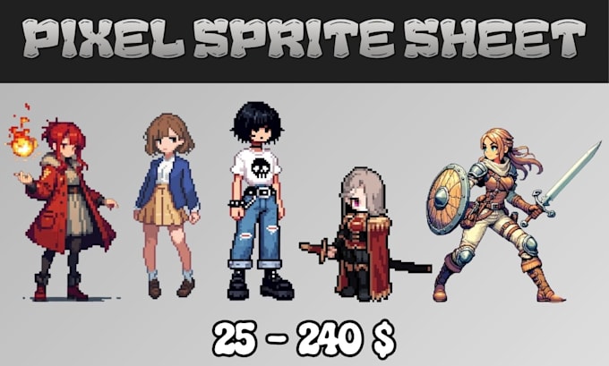 create professional pixel art character sprite sheet and game assets for rpg