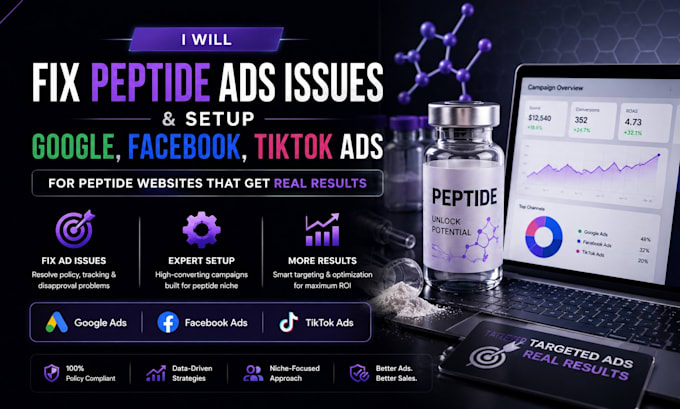 fix peptide ads issues, setup google, facebook, tiktok ads for peptide website