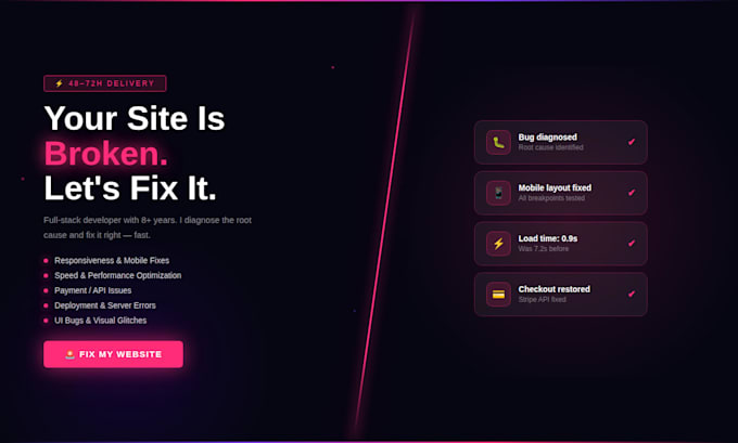 fix your broken website bugs, speed, responsiveness, payment and API issues