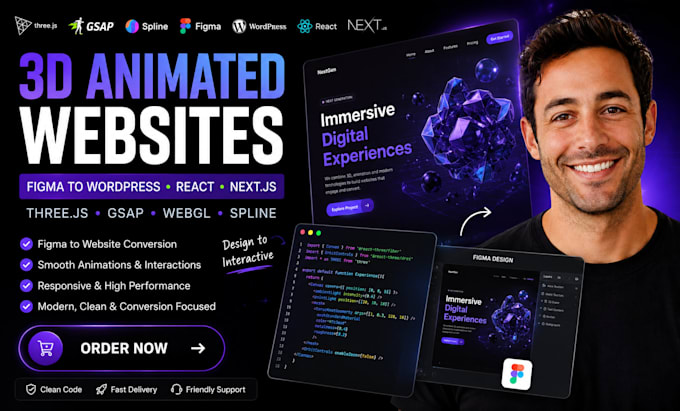 do 3d animated website threejs gsap webgl spline figma to wordpress react nexjs