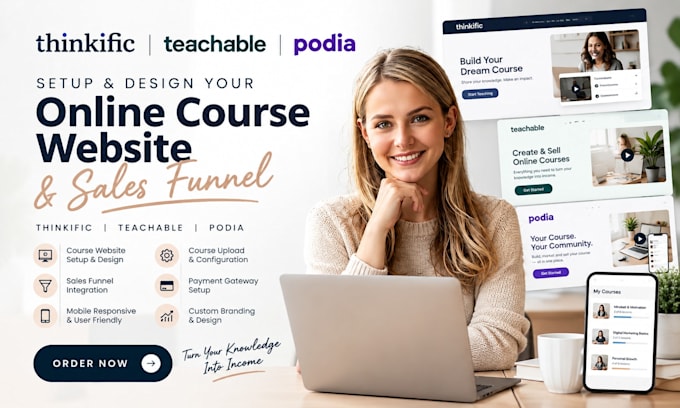 setup thinkific course website, teachable and podia online course website funnel