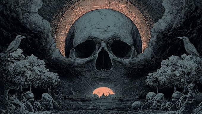 create detailed dark art illustrations for bands and merch