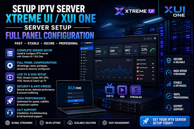 setup iptv server, xtreme ui, xui one, server setup, full panel configuration