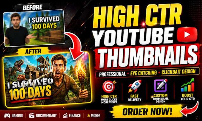 high CTR eye catching professional youtube thumbnail design service clicks