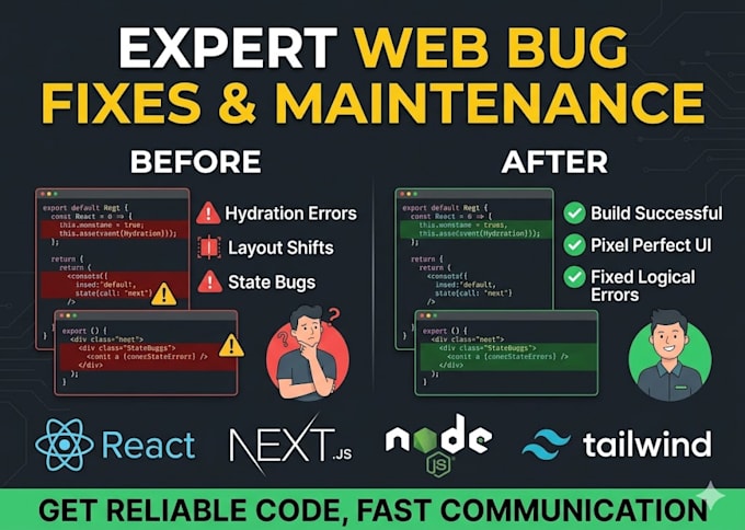 fix any web development bugs and errors in react, nextjs, or nodejs