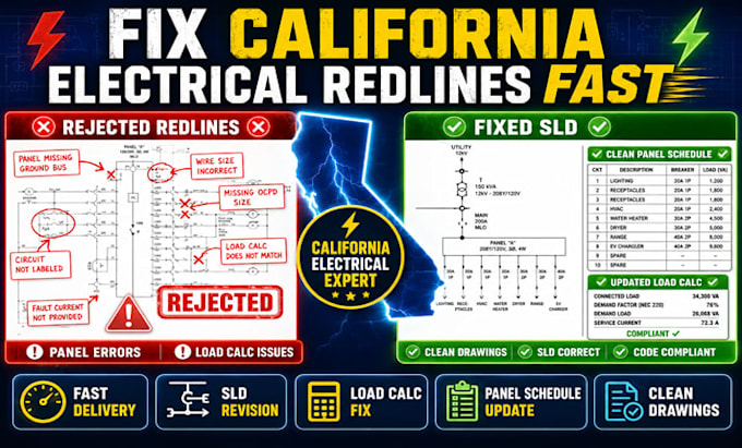 revise california electrical drawings, sld, panel schedule, load calc redlines
