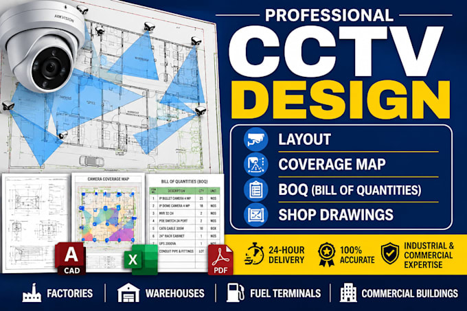 design professional cctv camera layout, coverage map, boq and shop drawings