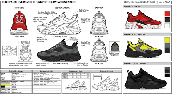 design custom shoe, sneaker, footwear tech pack for manufacturing