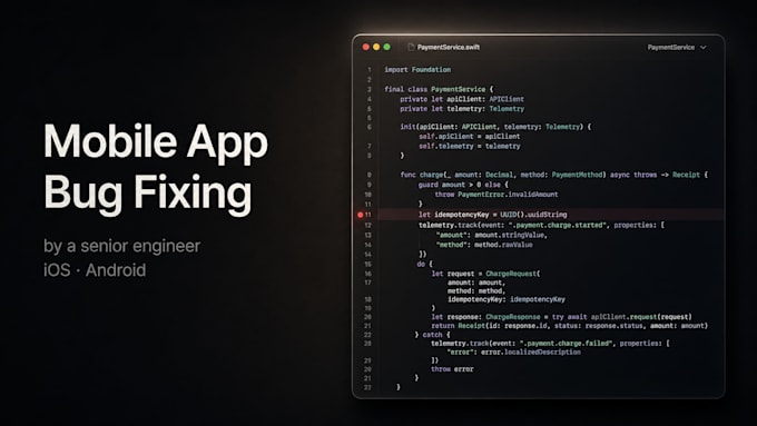 debug and fix ios or android crashes, UI bugs, and performance issues