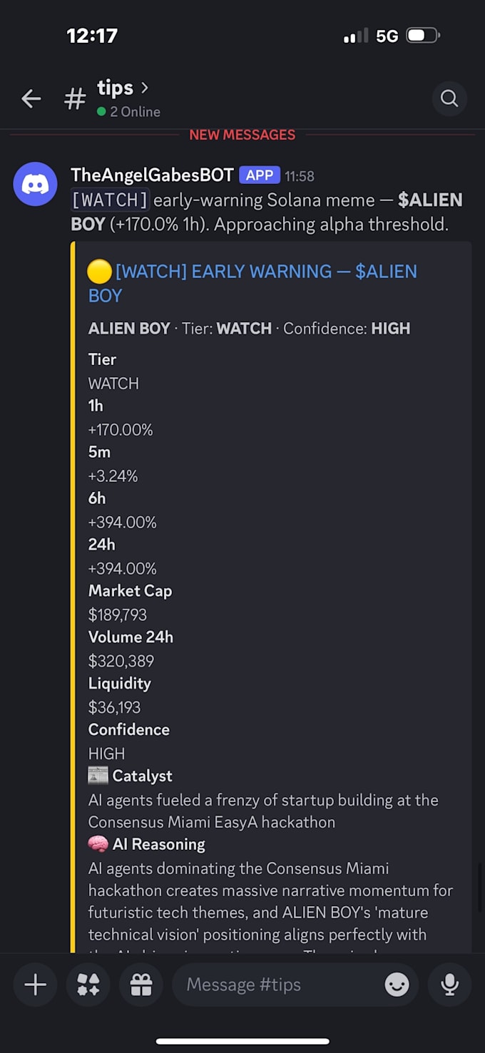 do a memecoin bot through my discord server providing high earning signals