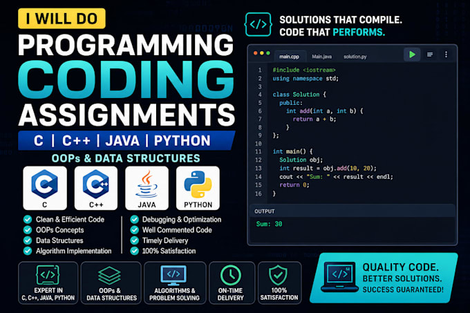 do programming coding assignments in c cpp java python oop and data structures