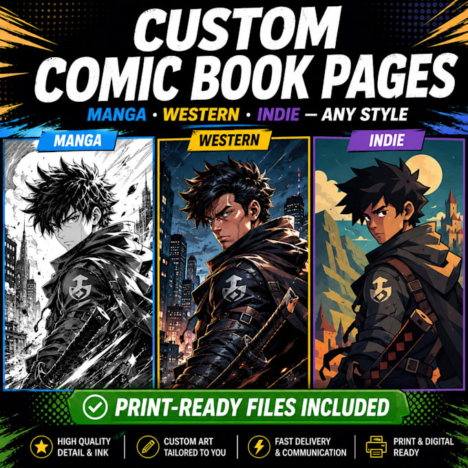 draw comic book pages in manga, western, or indie style