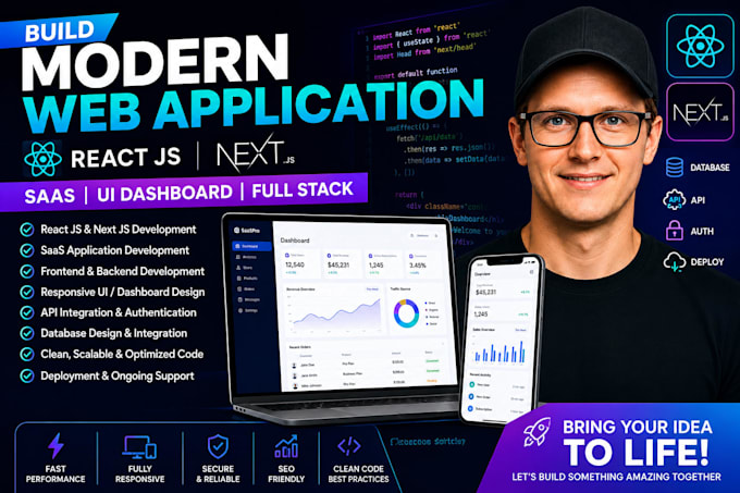 build react js,next js web application, saas, UI dashboard backend and frontend