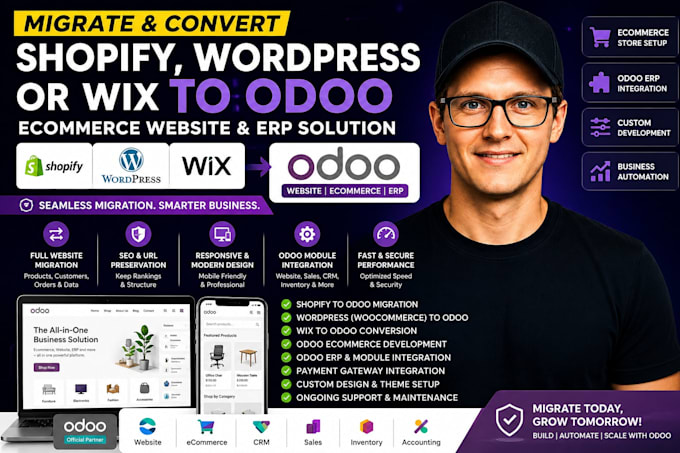 migrate, convert wordpress woocommerce shopify wix website to odoo erp system