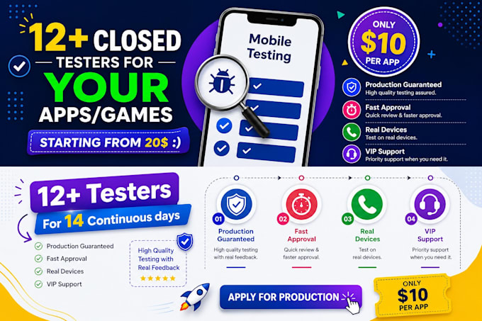 provide 12 testers google play testers, android app testing, closed testing
