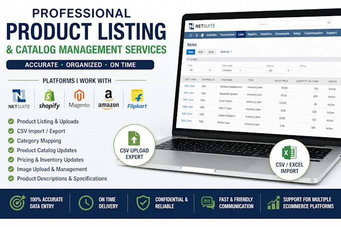 do professional netsuite product listing and CSV uploads