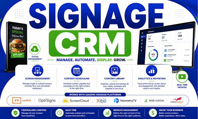 setup signage crm yodeck xibo scala pickcel viewneo xogo displai optisigns