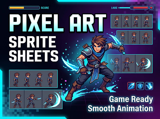 create pixel art sprite sheet character animation and 2d game assets