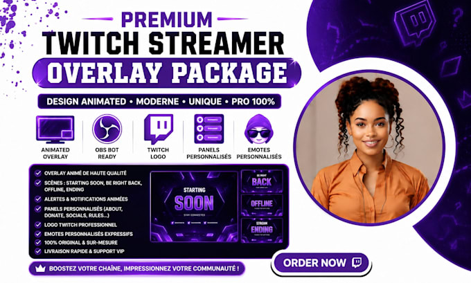 design animated twitch streamer obs bot overlay package twitch logo panel emotes