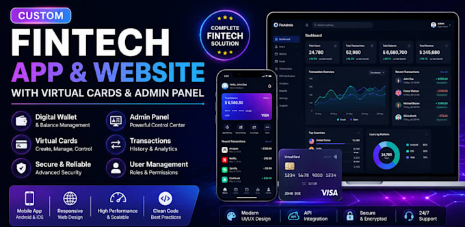 develop custom fintech app and website with virtual cards and admin panel