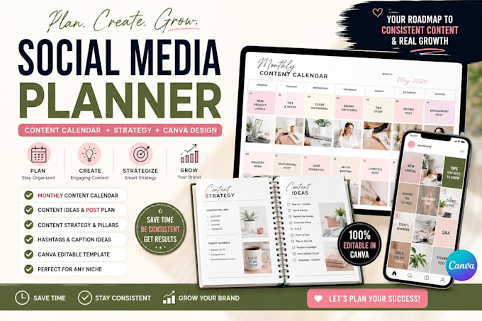 create social media content planner, content calendar, and canva strategy