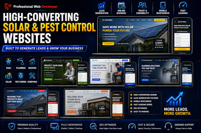 develop solar website, pest control website, and construction website