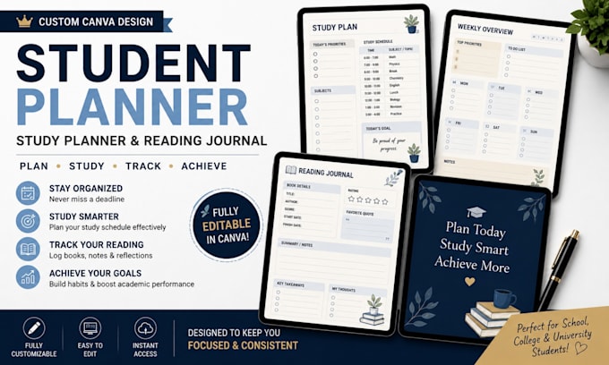design a structured canva student planner, study system and reading tracker