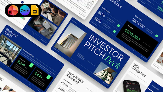 design professional investor pitch deck for tech startup, ai saas presentation
