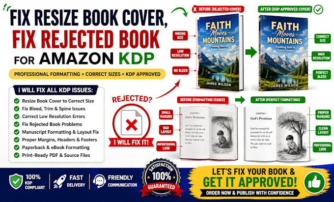 fix resize book cover, fix rejected book for amazon kdp book formatting
