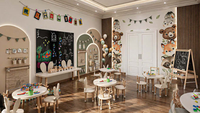 design 3d kids classroom, interior decor plan,8k render mood board,shopping list