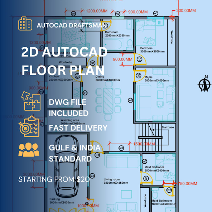 design autocad 2d floor plan for house,villa and apartment with dwg file