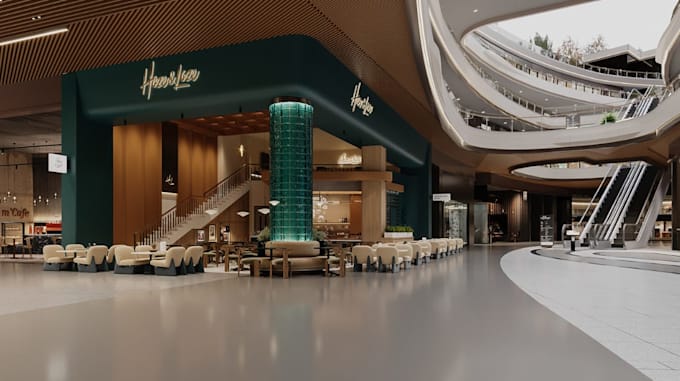 modern restaurant mall interior 3d visualization,  gastronomy space, trade booth