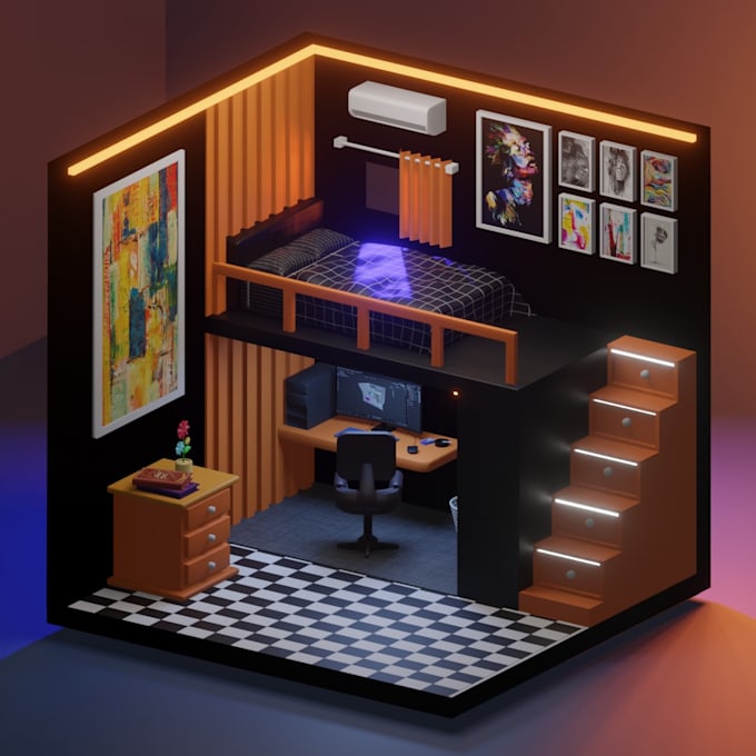 create cute low poly room diorama in blender
