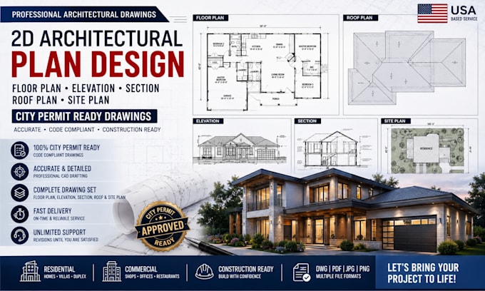 draw architectural 2d floor plan, elevation, section and city permit plans