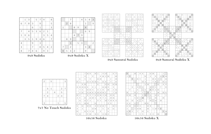 create 200 original sudoku styles 7x7 9x9 16x16 samurai with x variants and more
